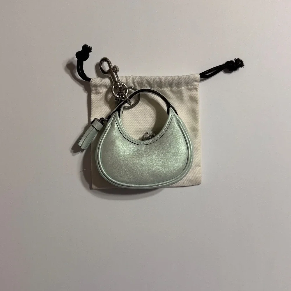 Coach Metallic Mint Green Mini Bag Charm Hobo Key Fob Tassel Leather Accessory